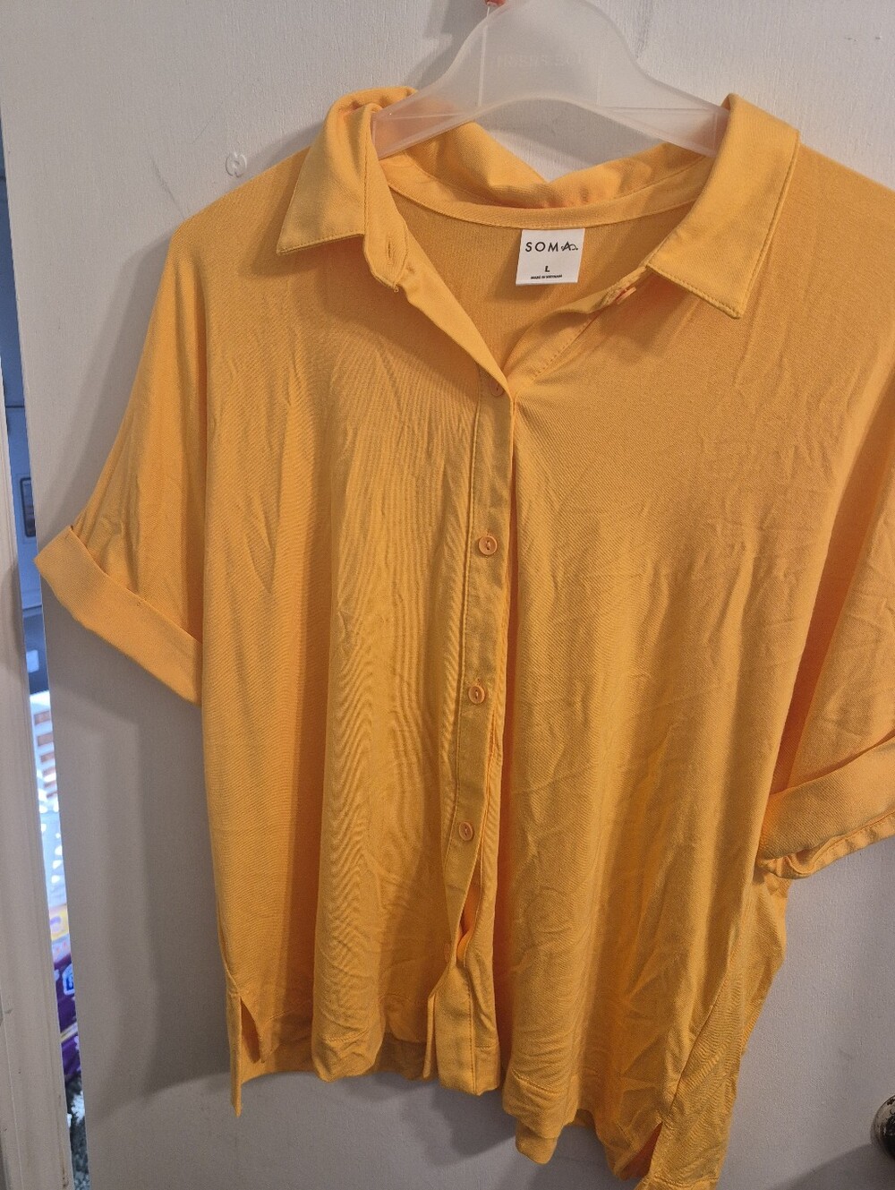 Soma Yellow Button-Front Short Sleeve Collared Lounge  Top
